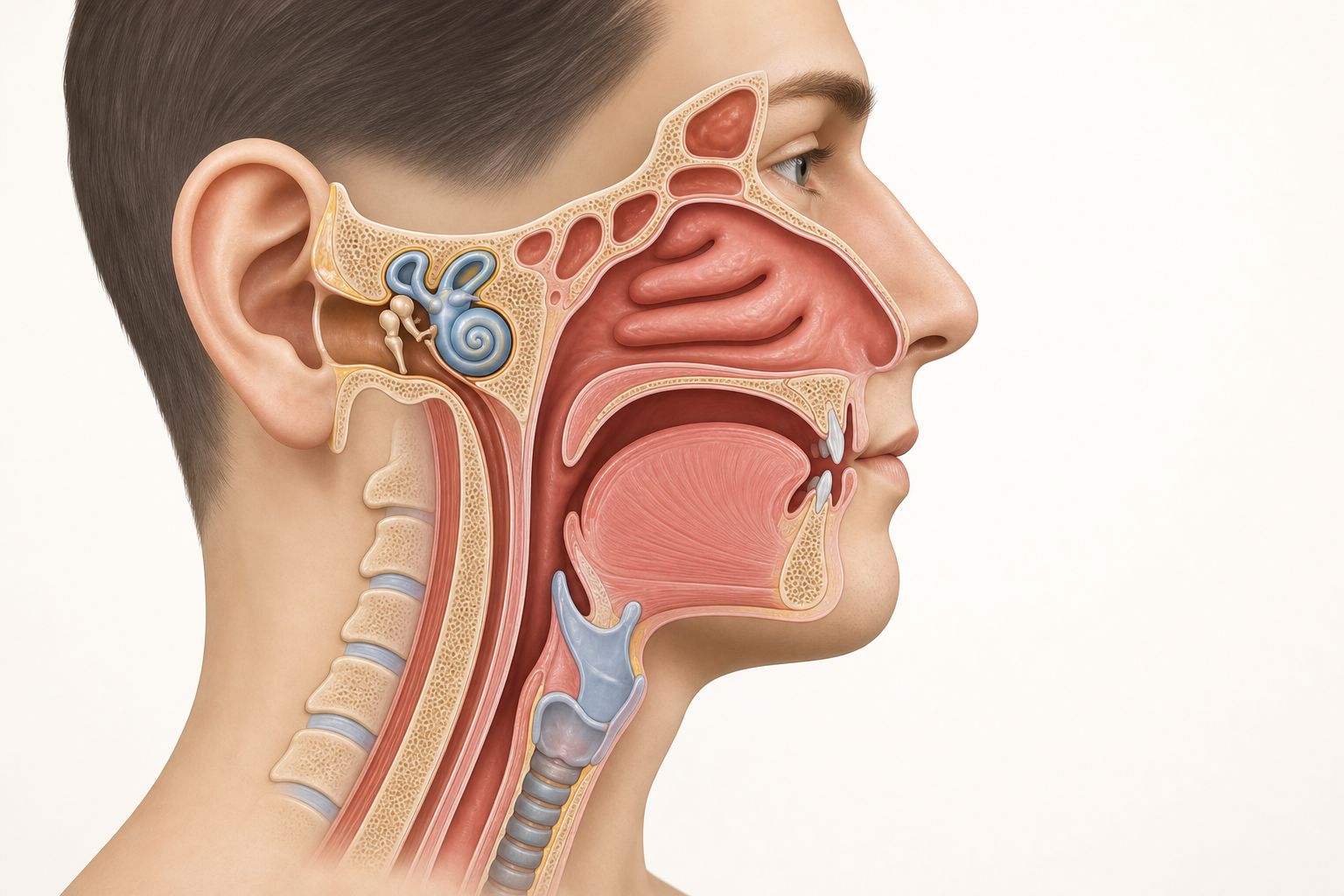 Educational cross section of ear nose sinuses and throat