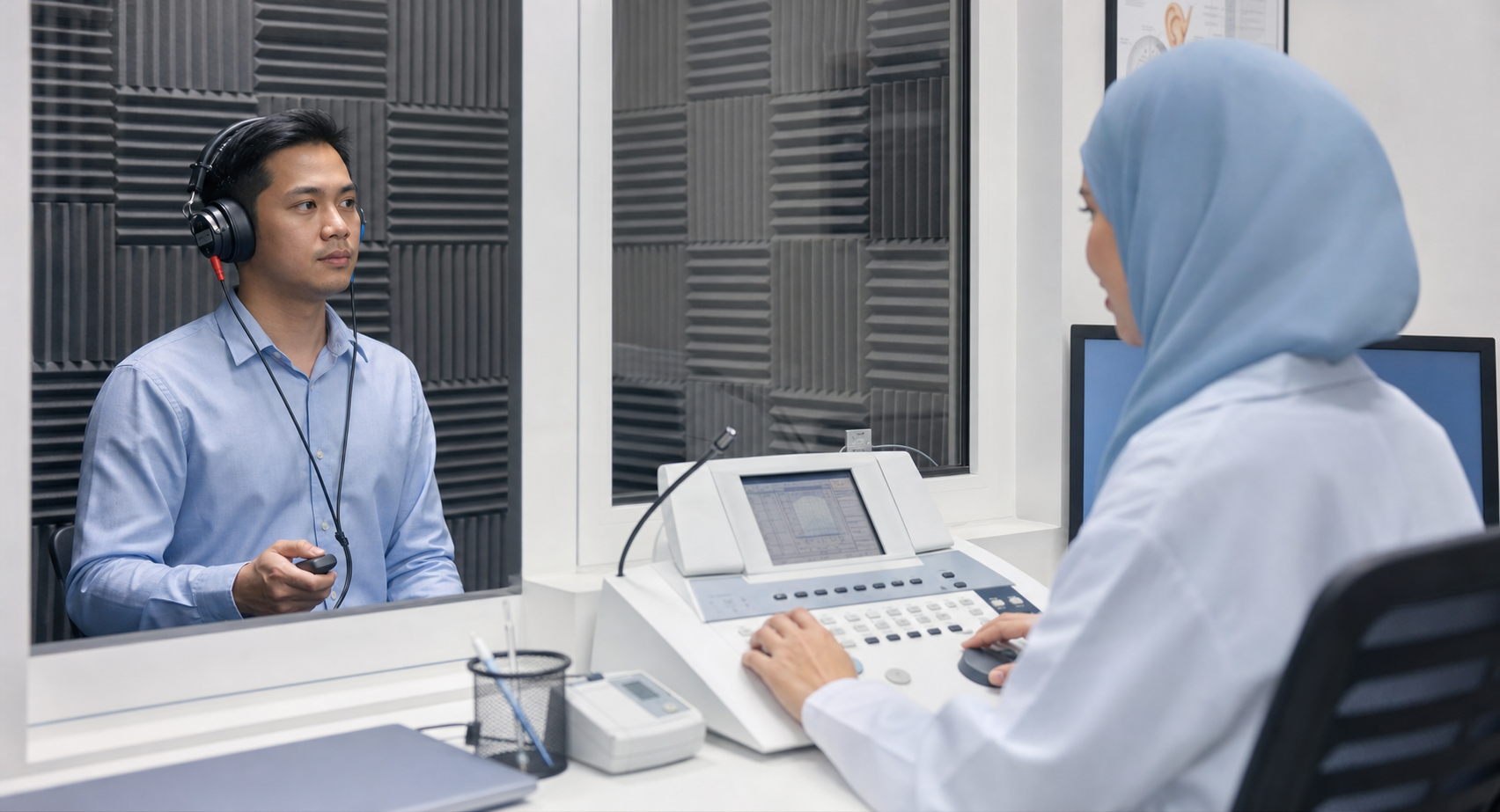 Formal hearing assessment in a sound treated room