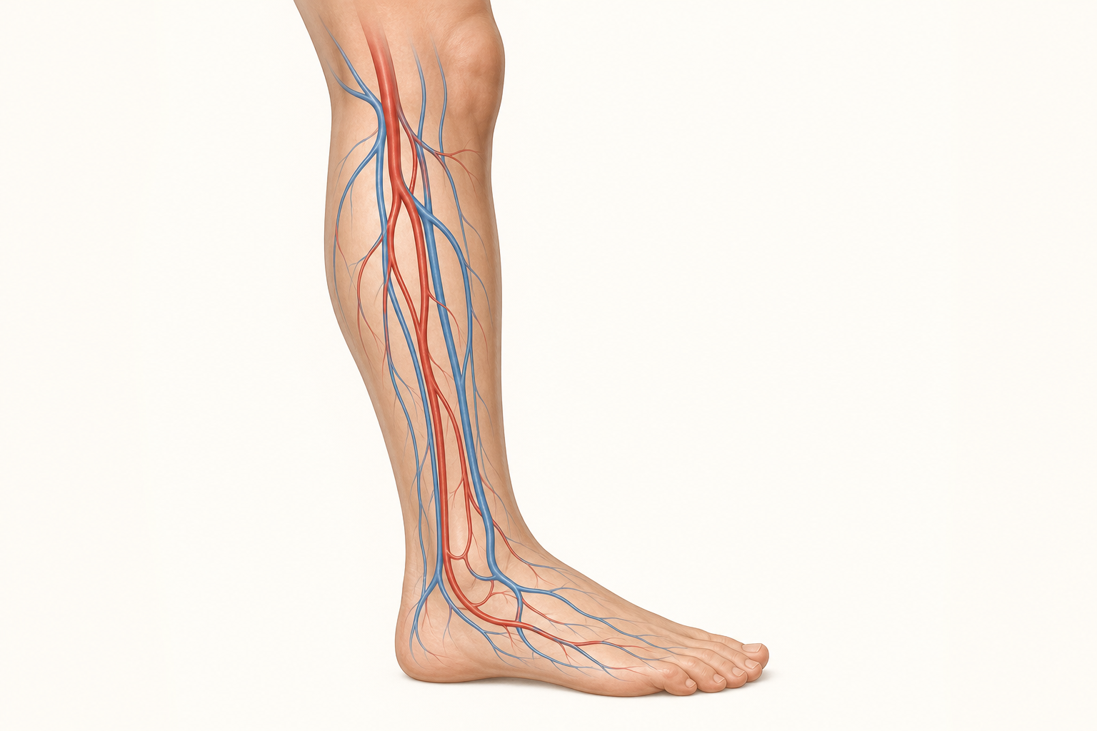 Educational illustration of arteries and veins in the lower leg
