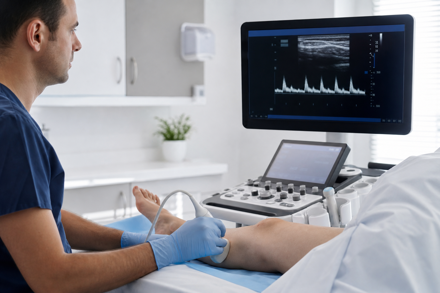 Clinician performing a non-invasive duplex ultrasound of the lower leg